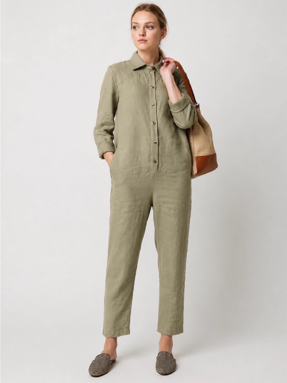 LINEN ID Sage Green Linen Jumpsuit Utility Boiler Suit Relaxed Fit Small (4–6)